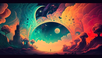 Vibrant, multicolored, surreal, psychedelic landscape with mountains, trees, and large moon (generative ai)