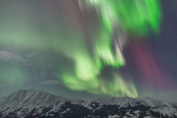 Dancing norther lights aurora seen in winter time over snow capped mountains from Yukon Territory, Canada. 