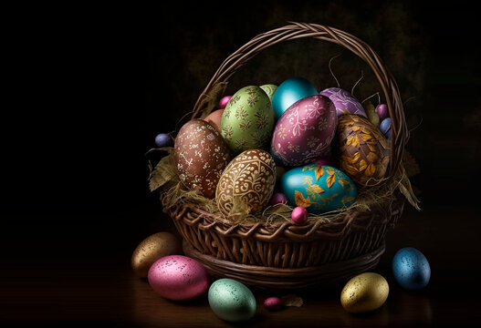 Basket with Easter eggs. Generative AI. Сoncept of religion, tradition, family holiday.  Multi-colored eggs with ornament in Easter wicker basket on dark background. Happy easter holiday celebration.