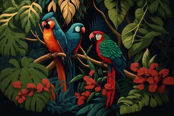Tropical rainforest with parrots. Generative AI
