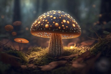 Magic mushroom in the forest. Generative AI
