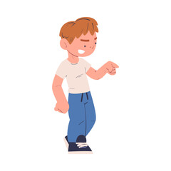 Hoodlum boy mocking at someone pointing with his finger, bad child behavior, school bullying cartoon vector