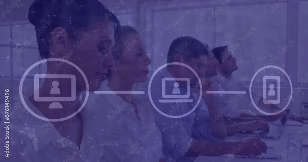 Poster animation of connections with icons and data processing over diverse business people
