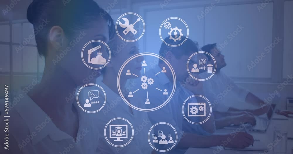 Poster animation of connections with icons and data processing over diverse business people