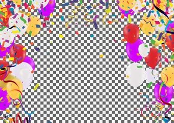 Balloons, confetti, banners and a sign for text Holiday background with Colorful balloons and confetti