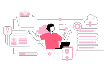 one person controlled database security abstract concept vector illustration with attractive colors. 
Cloud storage, secure file sharing, automatic backup, file hosting, data recovery.