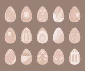 Świąteczne jajka, ozdobne pisanki. Zestaw jajek wielkanocnych w jasnych odcieniach beżu i écru. Ilustracje wektorowe na Wielkanoc.