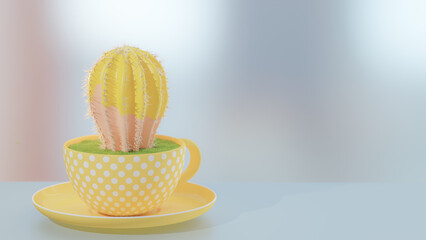 Yellow Pink cactus in coffee mug. Designed in minimal concept and pastel color style. 3D Render.