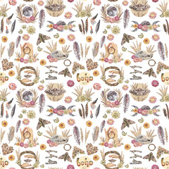 Seamless pattern watercolor boho dry flower and moth, moon and fern on white background. Nature hand-drawn art for sticker wedding celebration. Creative object for wallpaper wrapping and sketchbook