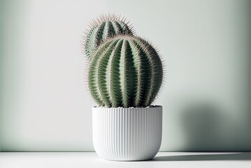 Green cactus in a white container, seen vertically in a selective focus close-up. Generative AI - obrazy, fototapety, plakaty