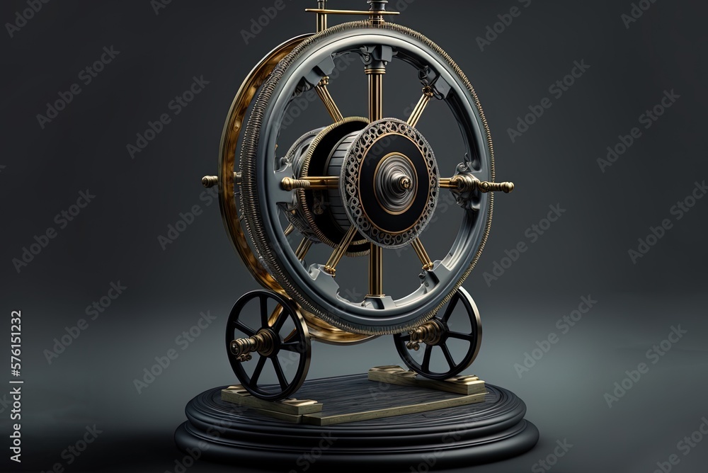 Poster horizontal view of a metal device with a little steering wheel generative ai