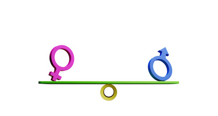 Pink woman sign and Blue man sign on balance seesaws for business equality human rights and gender concept using. Illustration 3D