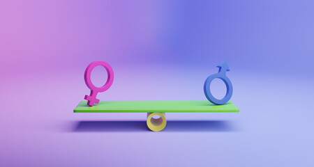 Pink woman sign and Blue man sign on balance seesaws for business equality human rights and gender...