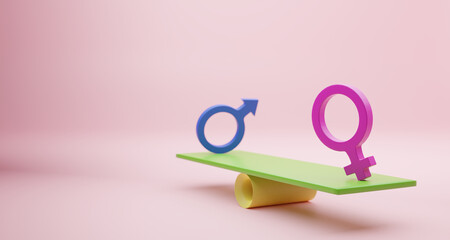 Pink woman sign and Blue man sign on balance seesaws for business equality human rights and gender concept using. Illustration 3D - obrazy, fototapety, plakaty
