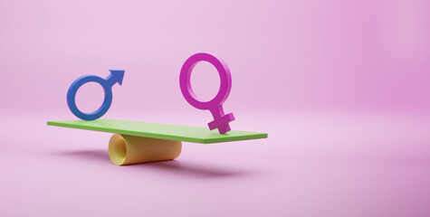 Pink woman sign and Blue man sign on balance seesaws for business equality human rights and gender...
