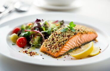 Baked salmon with sesame crust and served with quinoa salad IA