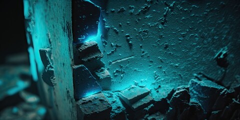 Abstract distressed textured concrete wall. Cracked bricks with neon teal light. Colorful industrial background wallpaper.