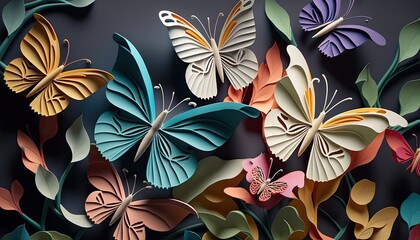 Folded paper abstract colorful butterflies. Origami paper sculpture spring. Delicate intricate background wallpaper.