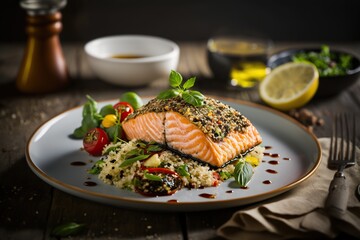 Baked salmon with sesame crust and served with quinoa salad IA