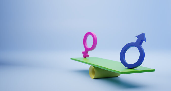 Pink woman sign and Blue man sign on balance seesaws for business equality human rights and gender concept using. Illustration 3D