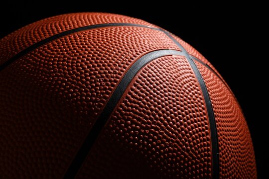 Orange basketball ball on black background, closeup