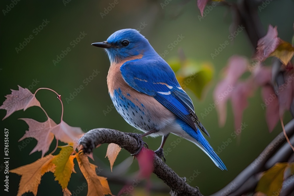 Poster bluebird in vertical selective focus, perched on a tree limb. generative ai