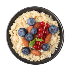 Bowl of delicious cooked quinoa with almonds, cranberries and blueberries isolated on white, top view