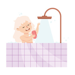 Cute little girl taking shower in bathtub. Happy kid doing everyday hygiene activities cartoon vector illustration