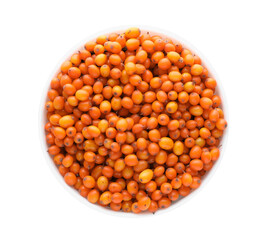Fresh ripe sea buckthorn berries in bowl isolated on white, top view