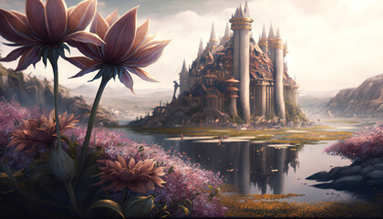 Asgard world of the gods - home of the Aesir - Flower landscape - German Mythologies - Generative AI