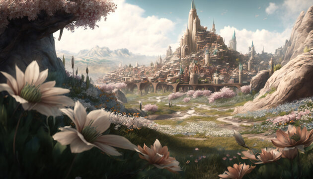 Asgard world of the gods - home of the Aesir - Flower landscape - German Mythologies - Generative AI