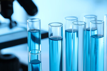 Test tubes with light blue liquid in laboratory, closeup