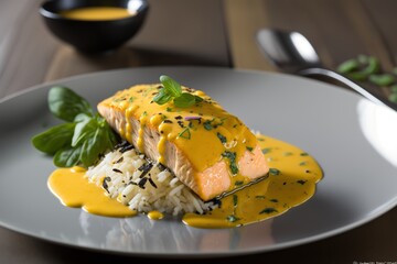 Salmon with passion fruit sauce accompanied by brown rice IA - obrazy, fototapety, plakaty