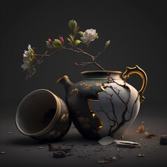 broken porcelain cup and teacup with sprouted seed, button flower, delicate leaves, exquisite details, cinematic scenery, generated in AI