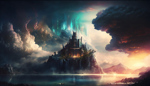 Asgard world of the gods - home of the Aesir - Sky landscape - German Mythologies - Generative AI