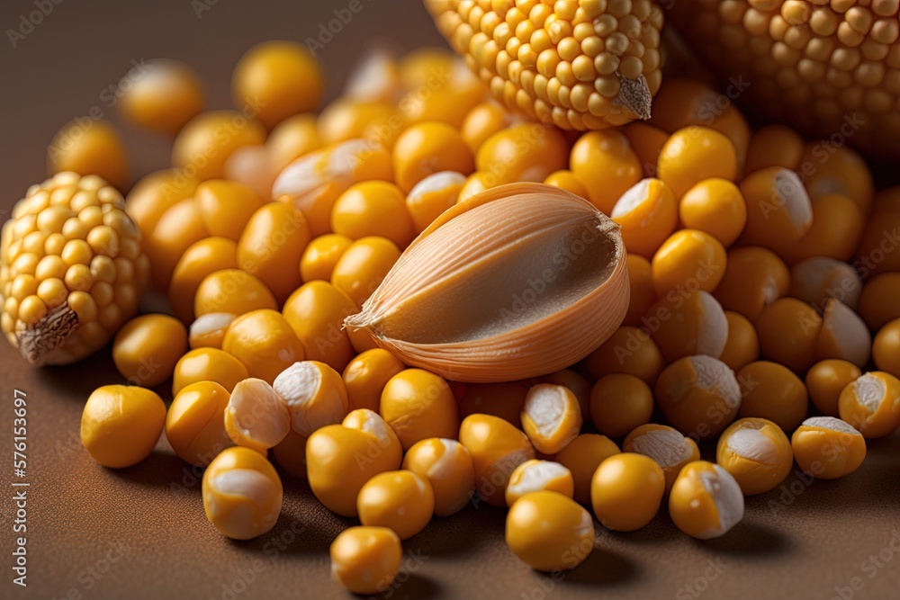 Poster corn kernels in a container, with some spilling out of the edge of the container in a vertical close