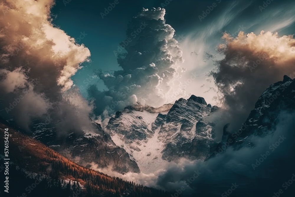 Aufkleber clouds float vertically against a backdrop of jagged mountains. generative ai