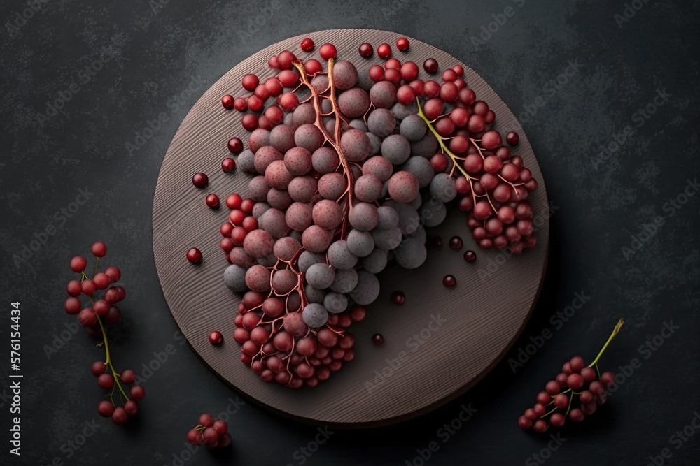 Poster grapes in a vertical picture, sitting on a circular board on a gray background. generative ai