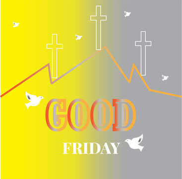 Gray Good Friday stylized text with silhouetted dark red image of the Crucifixion of Jesus