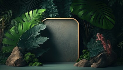 Lush tropical forest meets modern concrete podium in stunning backdrop illustration.