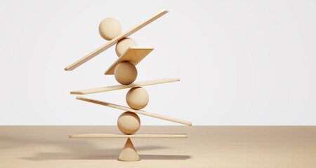 Wooden spheres balancing on seesaw. Concept of harmony and balance in life and work - obrazy, fototapety, plakaty