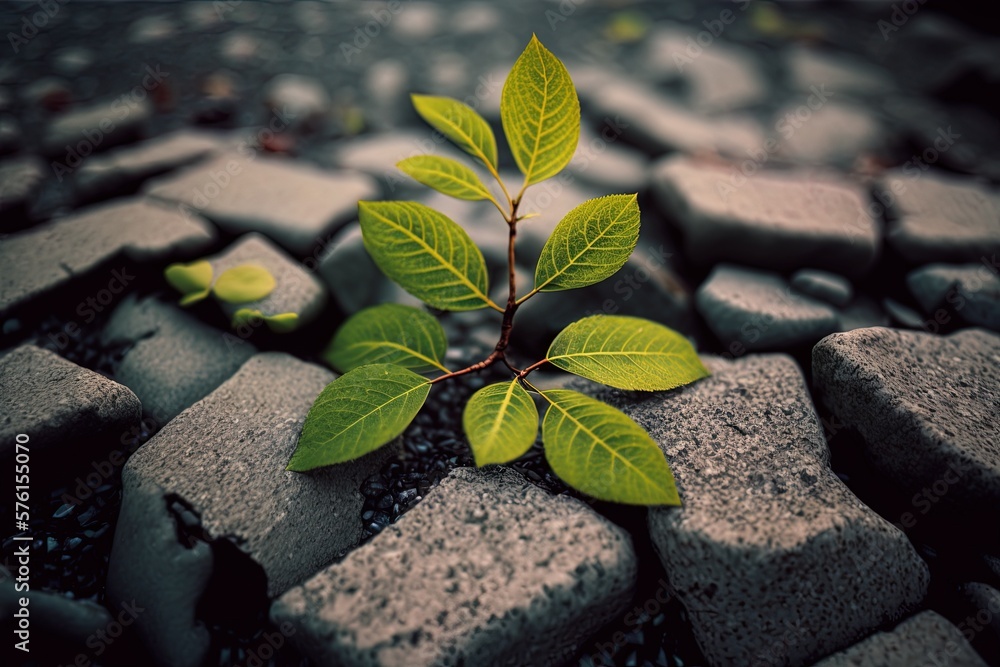 Poster extremely tight vertical view of a branch with green foliage and a hazy cobblestone ground below. ge