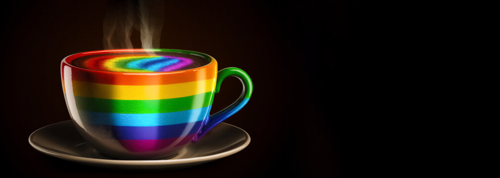 Rainbow cup of coffee with a cheerful rainbow flag on black background with copy space. LGBT concept. digital ai art