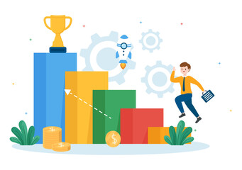 Challenge Illustration with Businessman Running to the Top and Overcoming Obstacle for Landing Page in Flat Cartoon Hand Drawn Templates