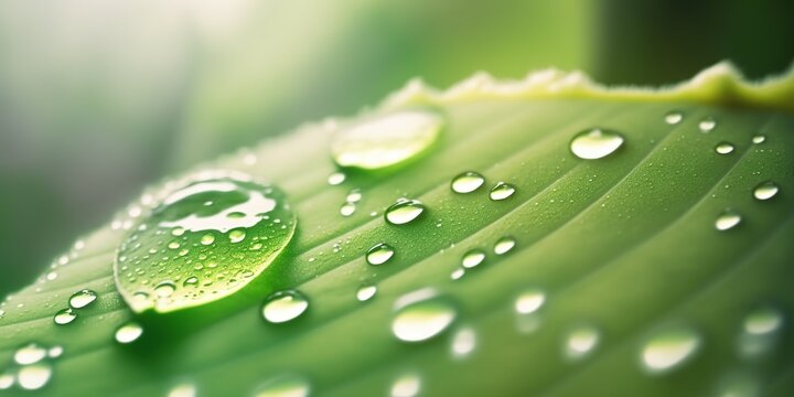 beautiful background with leaves with large dew drops in sunlight, generative AI