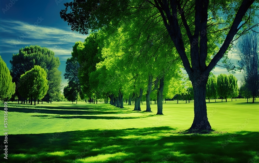 Poster expansive park meadow with blue sky and a scattering of trees generative ai