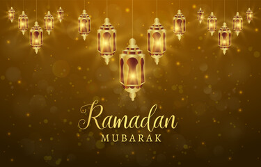 beautiful luxury ramadan kareem banner illustration with shiny islamic ornament and abstract gradient brown and golden background design