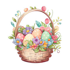 Basket with colorful eggs and flowers, Happy Easter, Cute basket watercolor, Isolated on transparent background. Generative AI