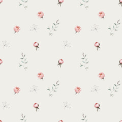 Watercolor floral seamless pattern on beige background - green leaves, pink peach blush white flowers, leaf branches. Wedding invitations, wallpapers, fashion, prints, fabric. Eucalyptus, rose, peony.