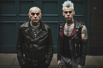 Fototapeta na wymiar Old British Punk rock men with black leather jackets and tough attitude. generative AI